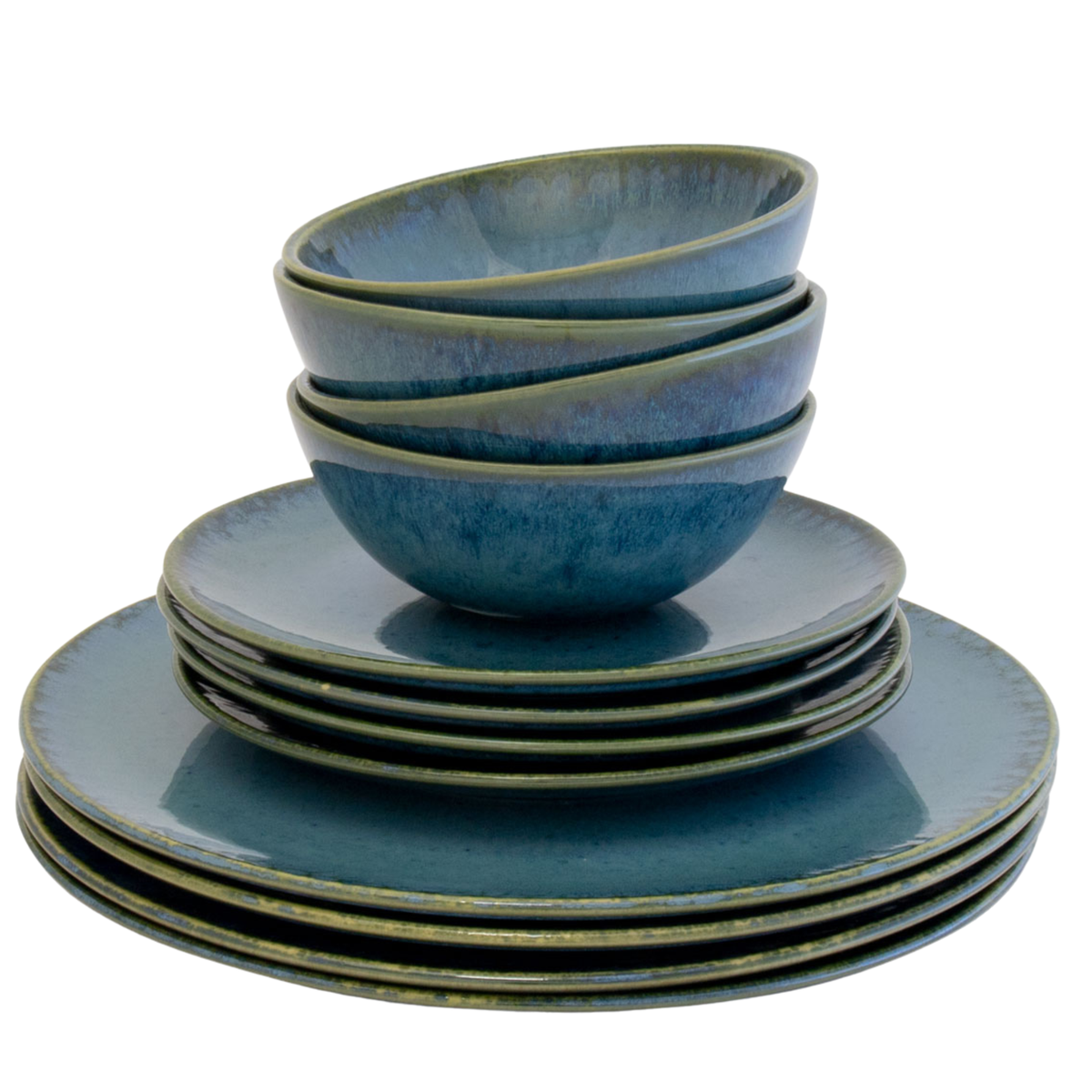 Geschirr Set Grün 12-teilig für 4 Personen – Große, Kleine Teller & Müsli Schalen | Amazonia Kollektion
