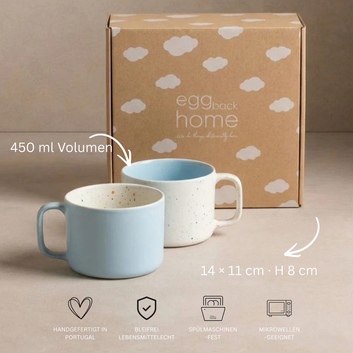 Keramik Tassen Set Breeze Party Weiß-Blau – 2er Set, 450 ml, Geschenkbox | Egg Back Home